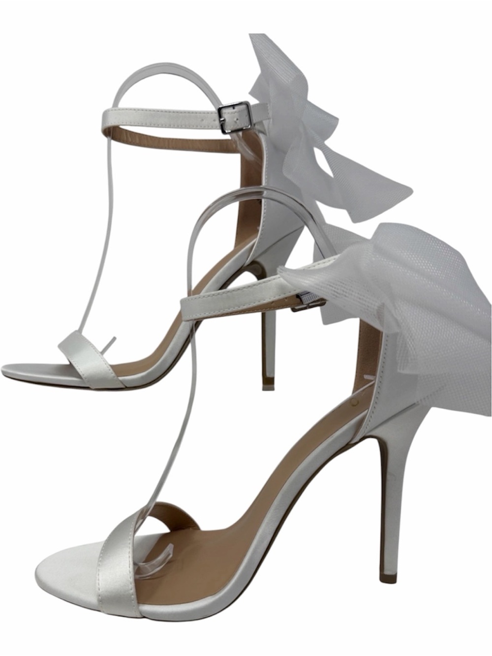 Lulu's Ayana White Satin Ankle-Strap Stiletto Heels with Bow Accent Size 8
